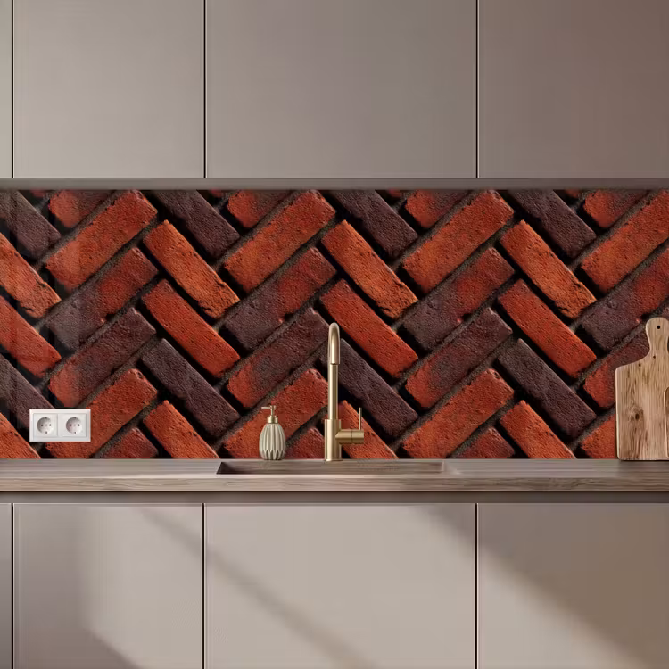 Kitchen splashback - Brick - Herringbone - Textured - Reddish brown — 1