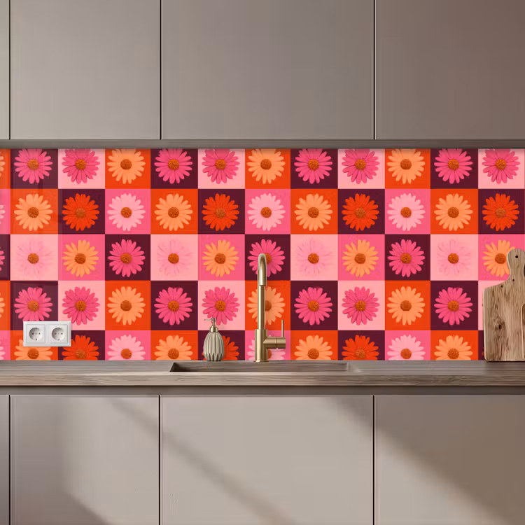 Kitchen splashback - Daisies - Checkered - Retro - Pink - Orange — 1