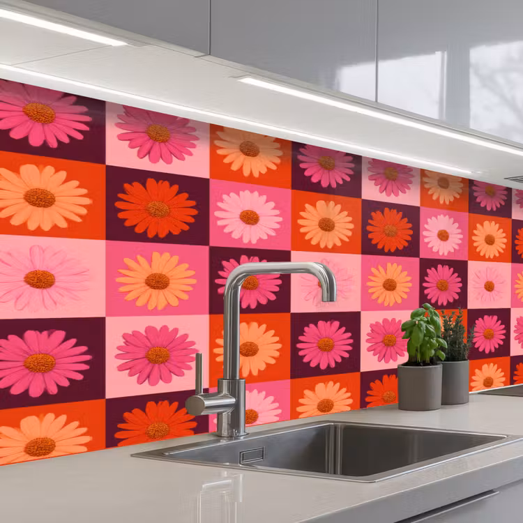 Kitchen splashback - Daisies - Checkered - Retro - Pink - Orange — 2