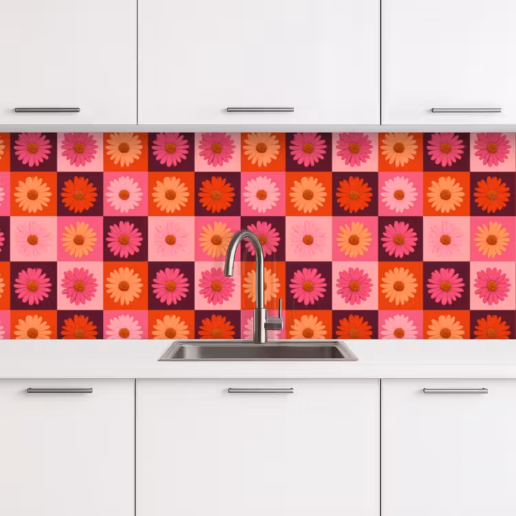 Kitchen splashback - Daisies - Checkered - Retro - Pink - Orange — 4