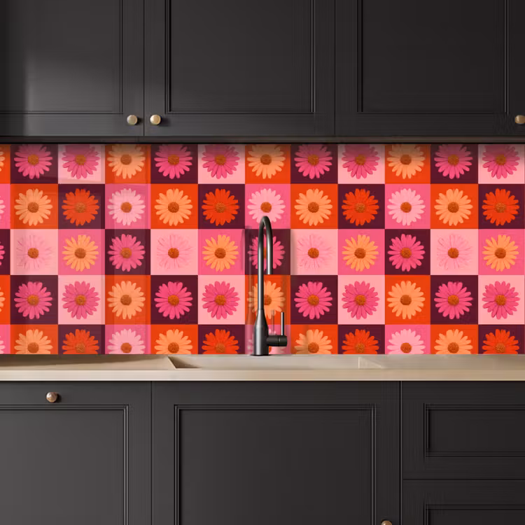 Kitchen splashback - Daisies - Checkered - Retro - Pink - Orange — 6