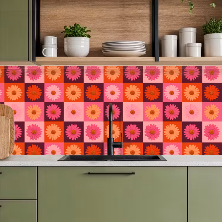 Kitchen splashback - Daisies - Checkered - Retro - Pink - Orange — 8