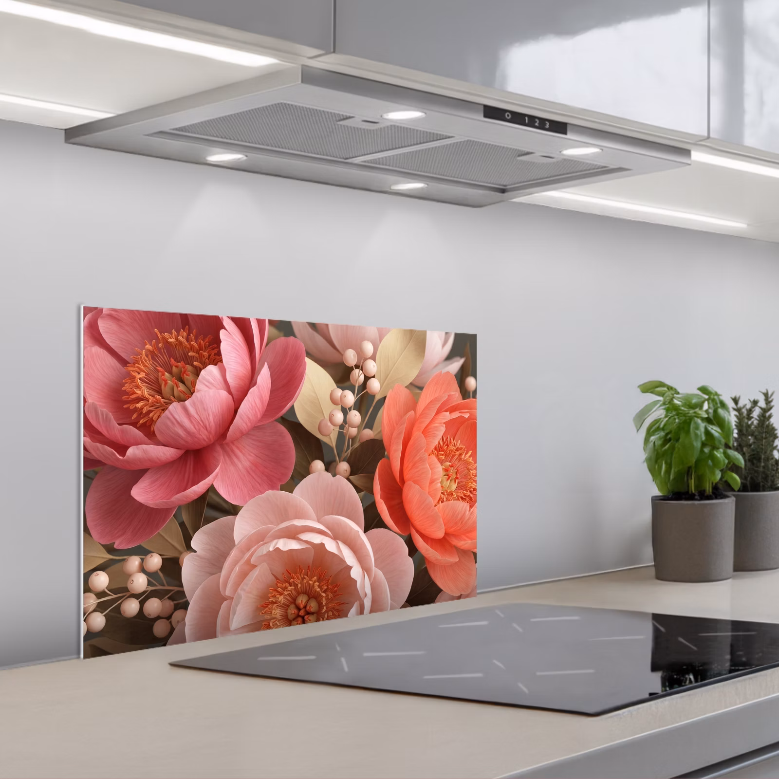 Kitchen splashback for hob - Flowers - Blossoms - Soft - Coral - Decoration — 1