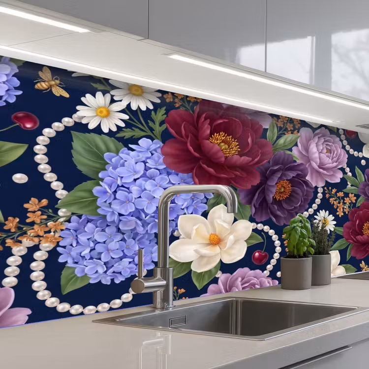 Kitchen splashback - Flowers - Pearls - Decor - Modern - Blue — 2