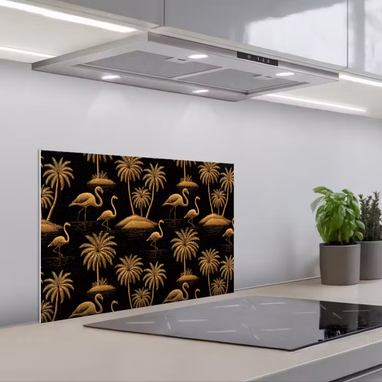 Kitchen splashback for hob - Flamingo - Palm Trees - Tropical - Gold - Black — 1