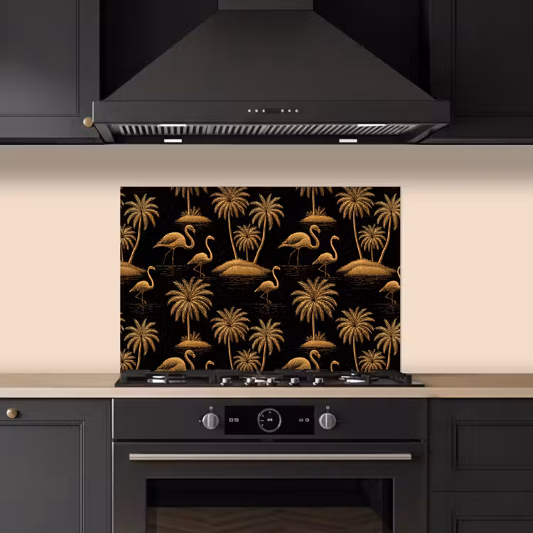 Kitchen splashback for hob - Flamingo - Palm Trees - Tropical - Gold - Black — 5