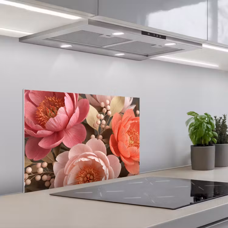 Kitchen splashback for hob - Flowers - Blossoms - Soft - Coral - Decoration — 1