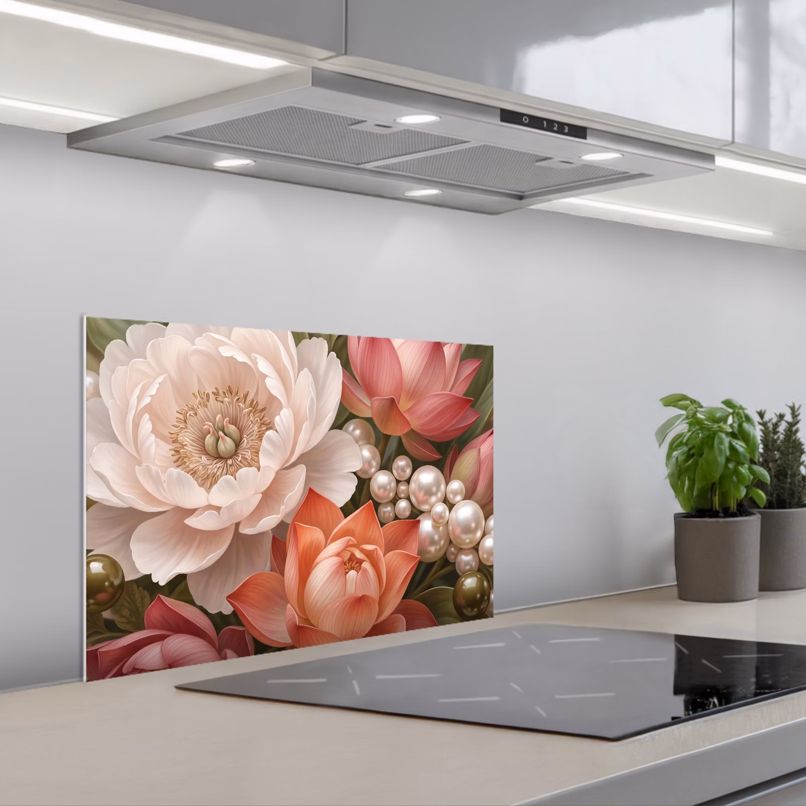 Kitchen splashback for hob - Flowers - Pearls - Elegant - Pink - White — 1