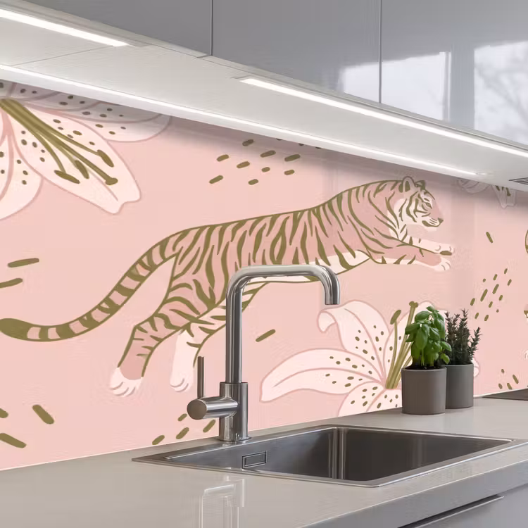 Kitchen splashback - Cat - Jumping - Flowers - Abstract - Pink — 2