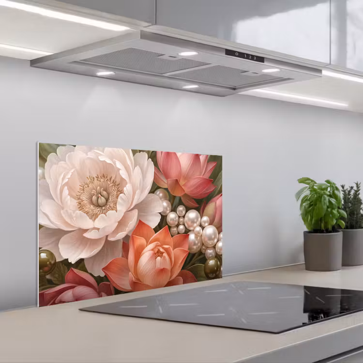 Kitchen splashback for hob - Flowers - Pearls - Elegant - Pink - White — 1