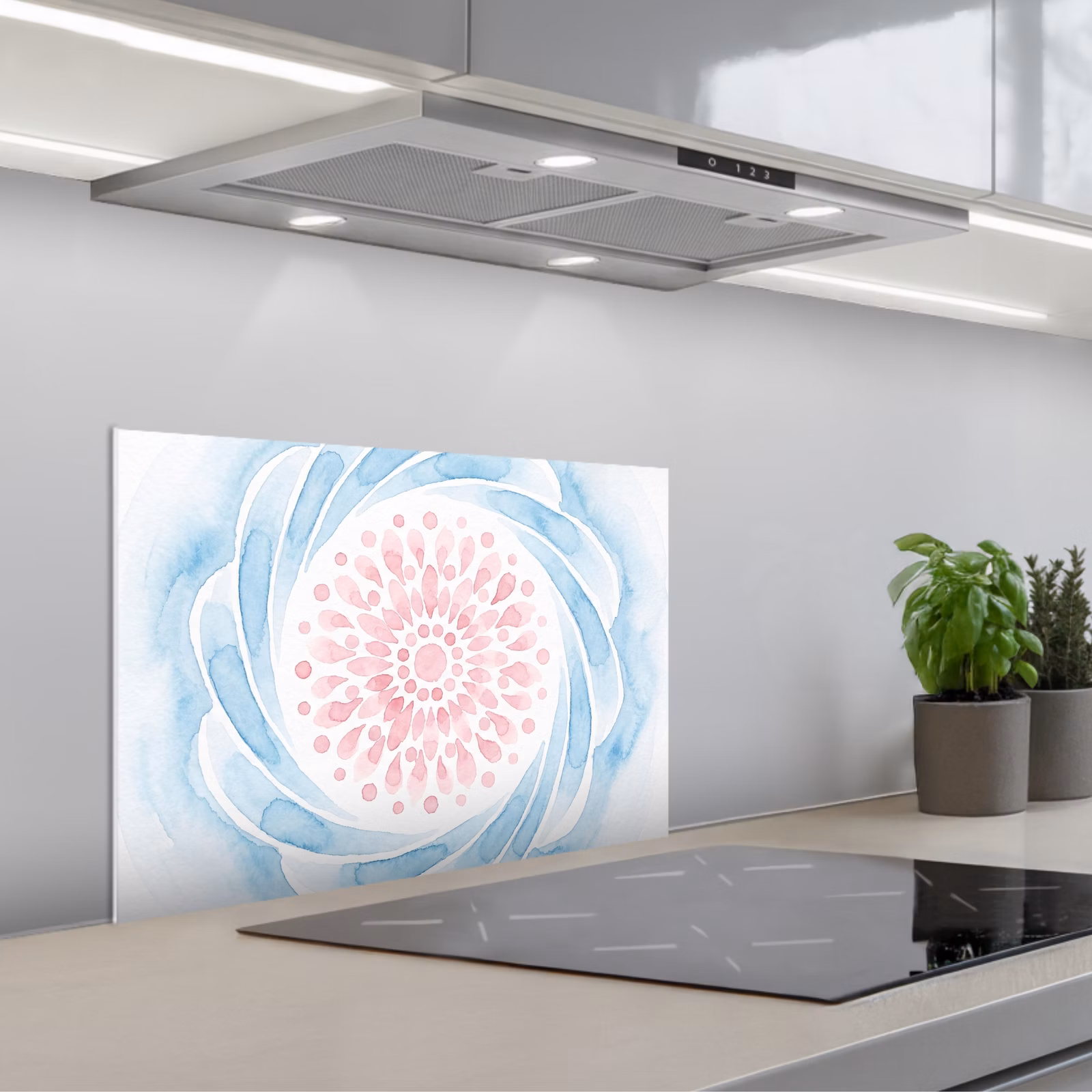Kitchen splashback for hob - Abstract - Flower Shape - Watercolor - Pink - Blue — 1
