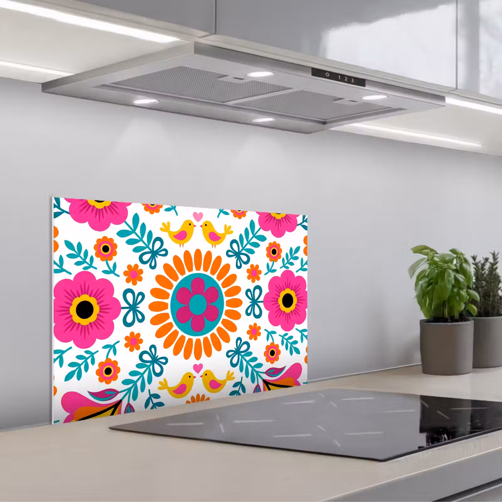 Kitchen splashback for hob - Flowers - Bird - Pattern - Colorful - Modern — 1