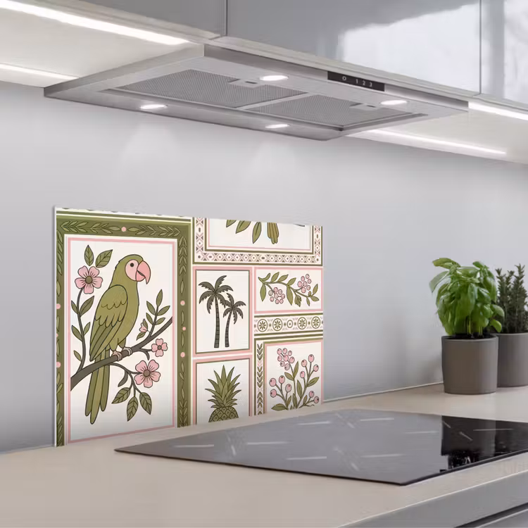 Kitchen splashback for hob - Bird - Tropical - Pattern - Decorative - Green — 1