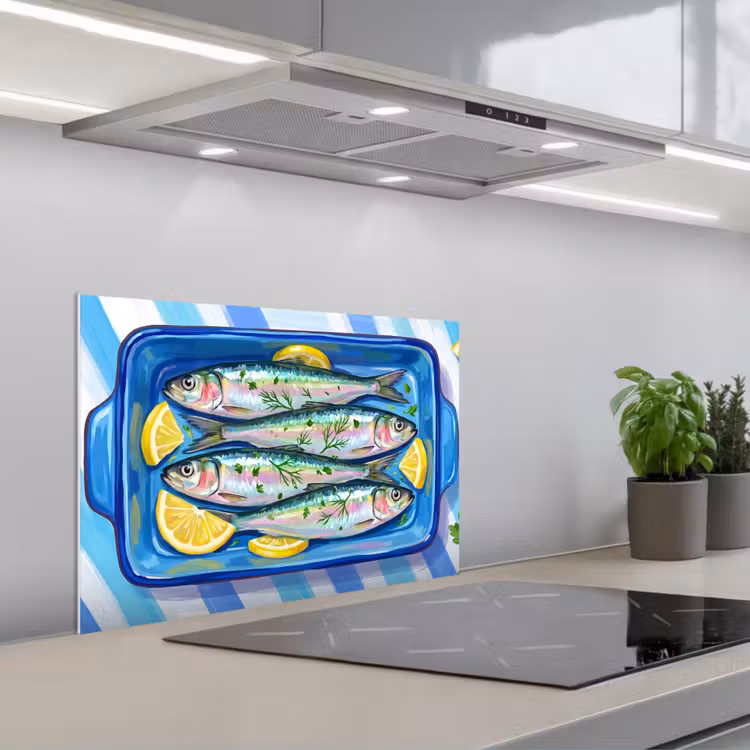Kitchen splashback for hob - Fish - Lemon - Herbs - Food - Blue — 1