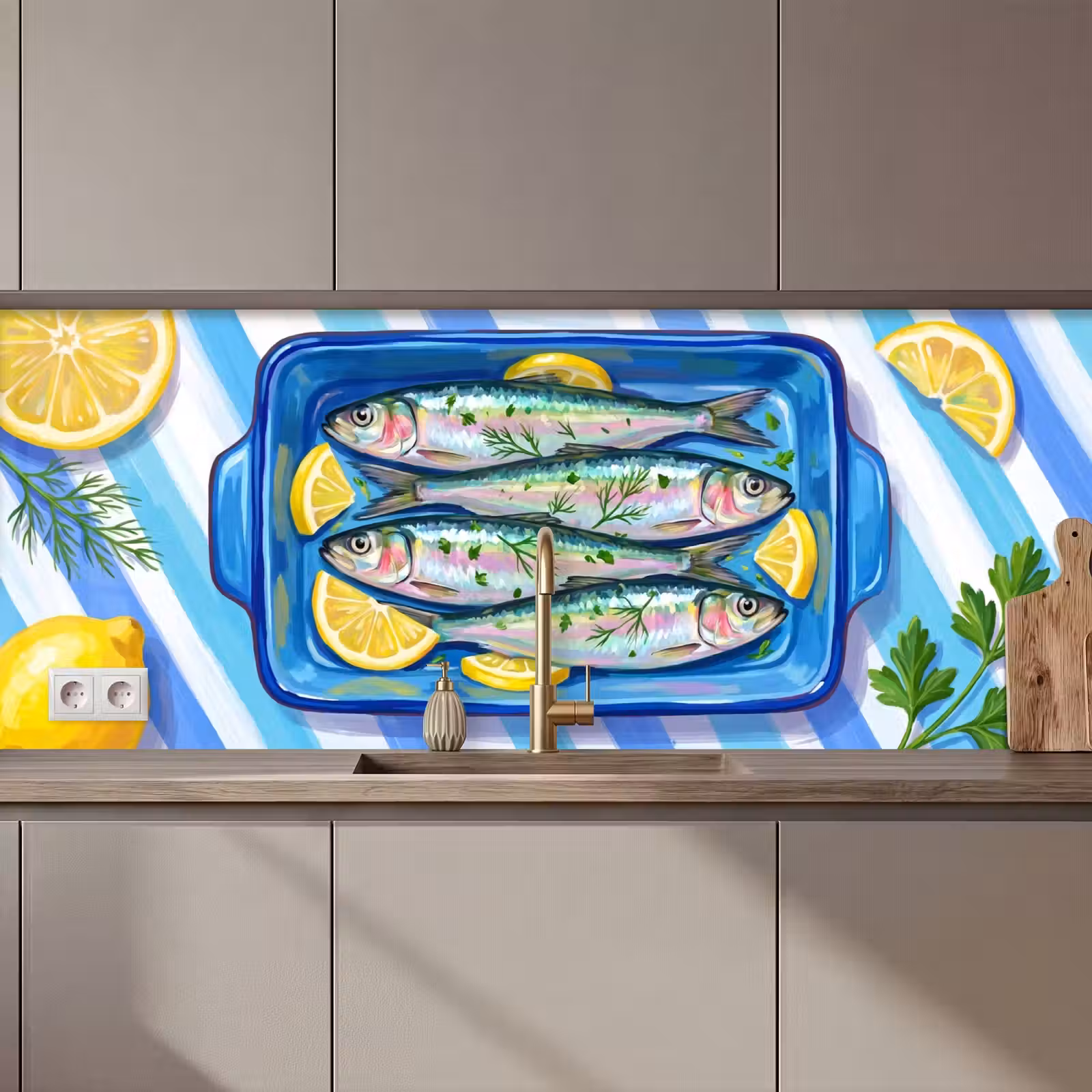 Kitchen splashback - Fish - Lemon - Herbs - Food - Blue — 1