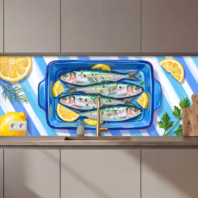 Kitchen splashback - Fish - Lemon - Herbs - Food - Blue — 1