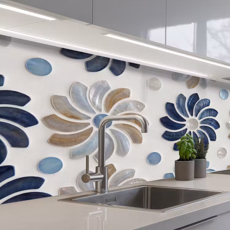 Kitchen splashback - Flowers - Mother-of-Pearl - Abstract - Pattern - Blue — 2