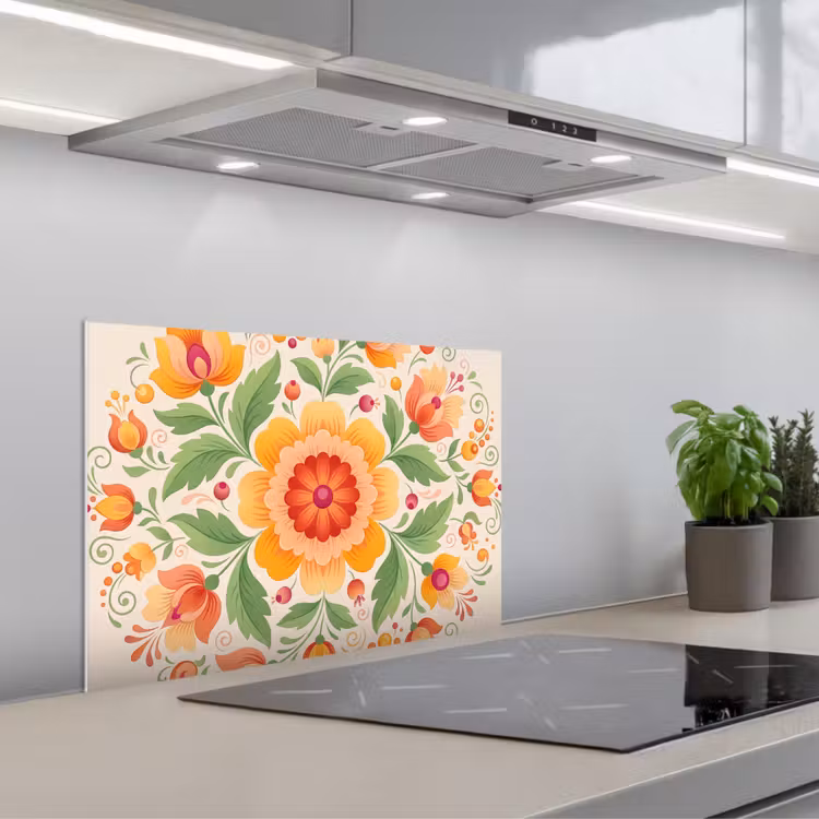 Kitchen splashback for hob - Flowers - Pattern - Decorative - Orange — 1