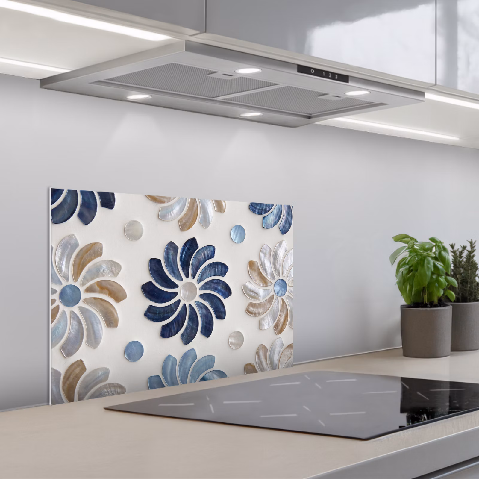 Kitchen splashback for hob - Flowers - Mother-of-Pearl - Abstract - Pattern - Blue — 1