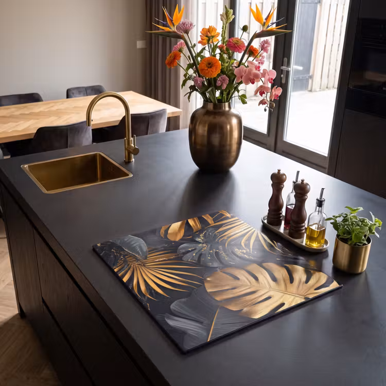 Induction hob cover - Leaves - Gold - Black - Nature — 2