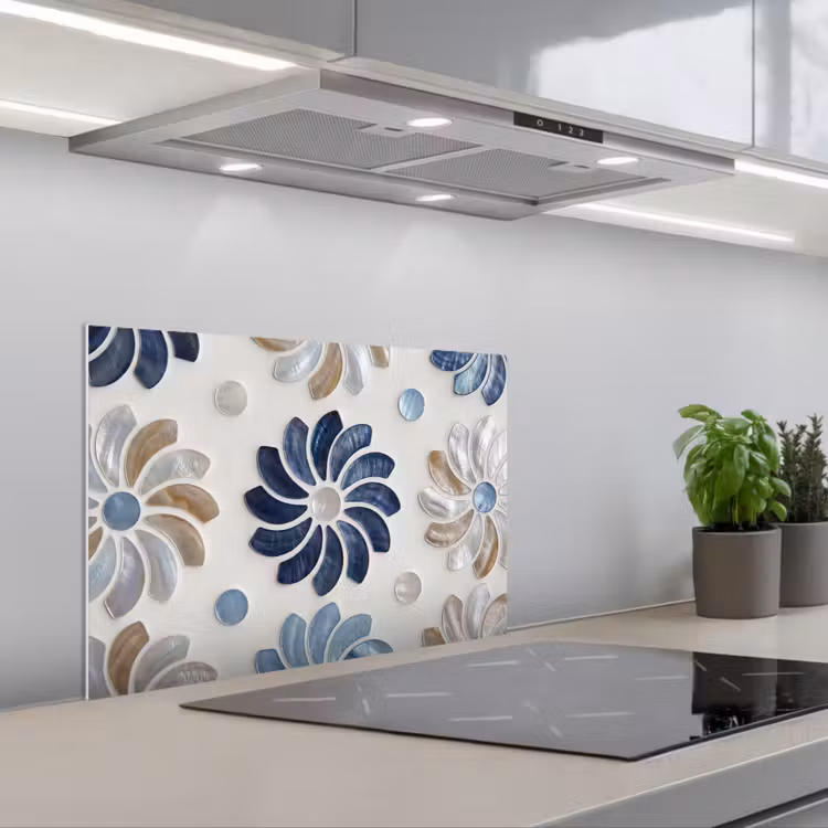 Kitchen splashback for hob - Flowers - Mother-of-Pearl - Abstract - Pattern - Blue — 1