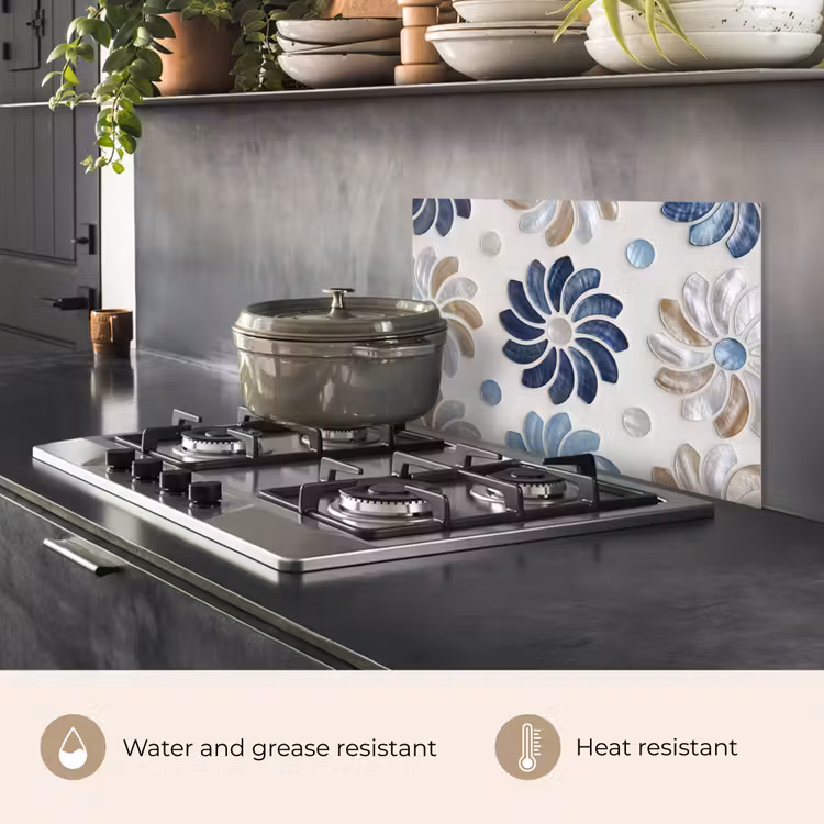 Kitchen splashback for hob - Flowers - Mother-of-Pearl - Abstract - Pattern - Blue — 2