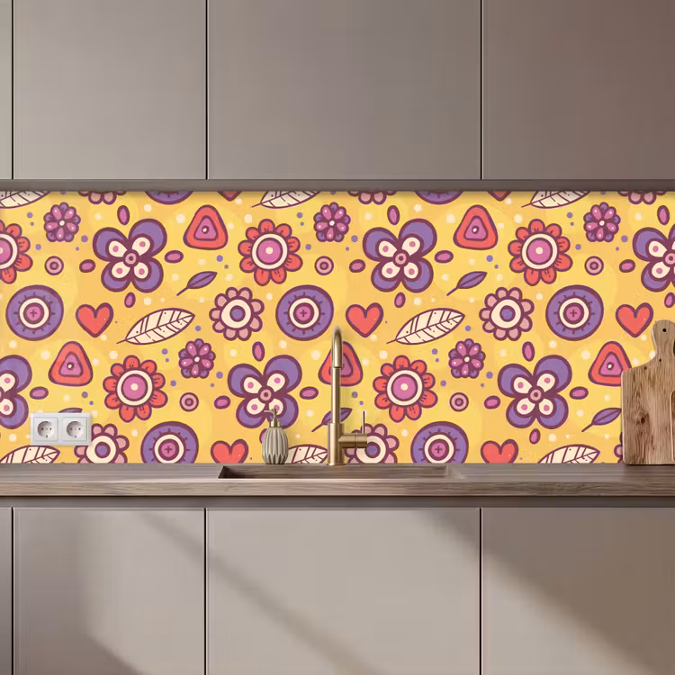Kitchen splashback - Pattern - Flowers - Purple - Orange — 1