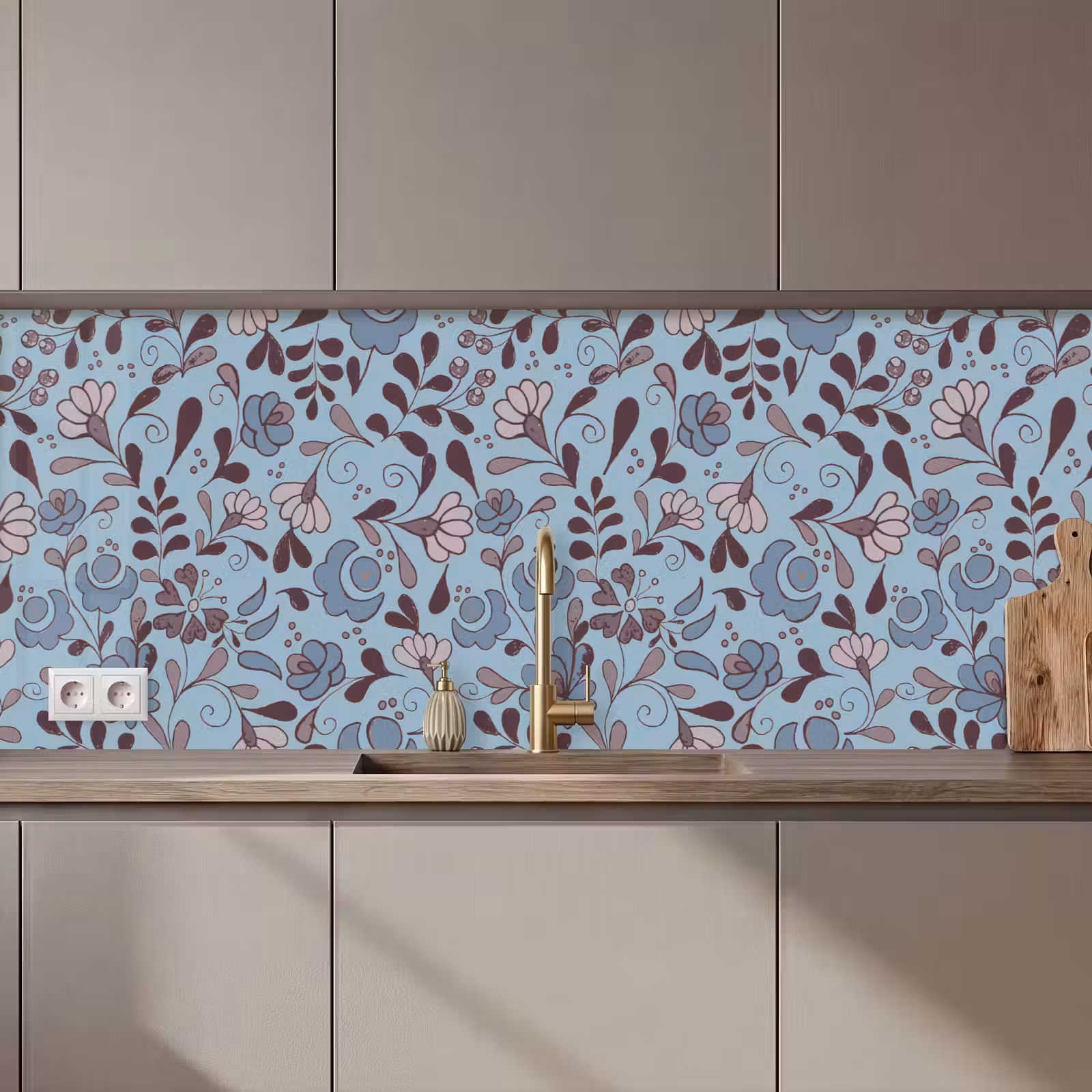 Kitchen splashback - Pattern - Flower - Grey - Blue — 1