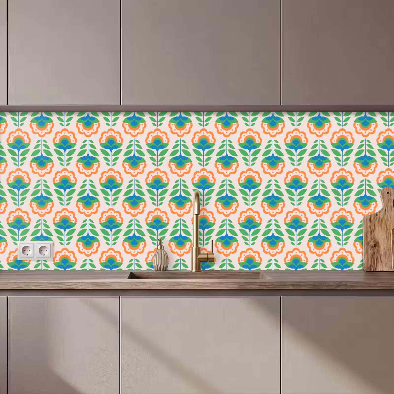 Kitchen splashback - Retro - Flowers - Design - Green - Orange — 1
