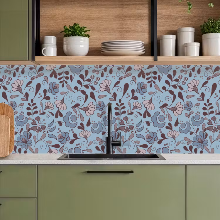 Kitchen splashback - Pattern - Flower - Grey - Blue — 8