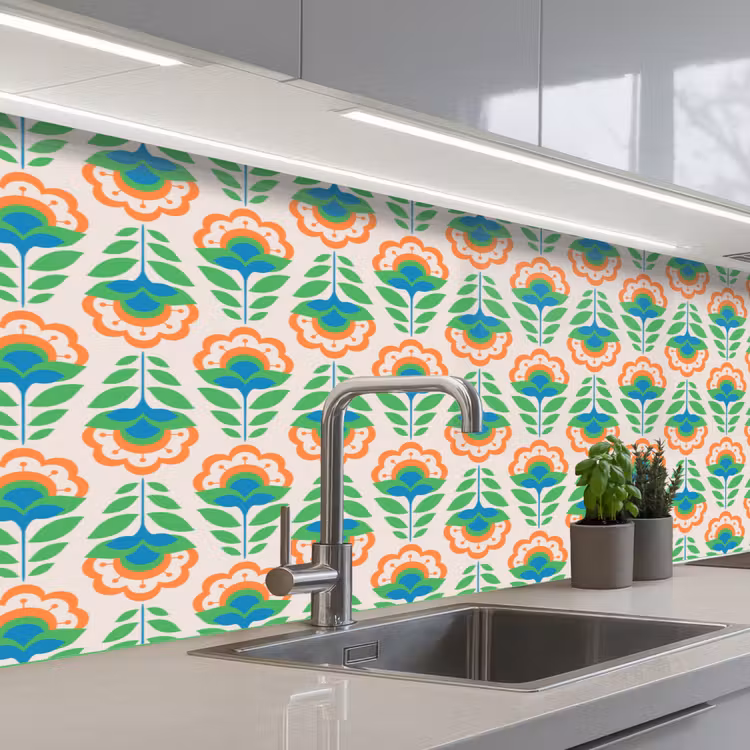 Kitchen splashback - Retro - Flowers - Design - Green - Orange — 2