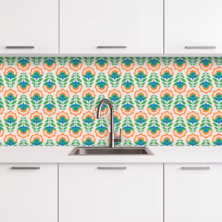 Kitchen splashback - Retro - Flowers - Design - Green - Orange — 4