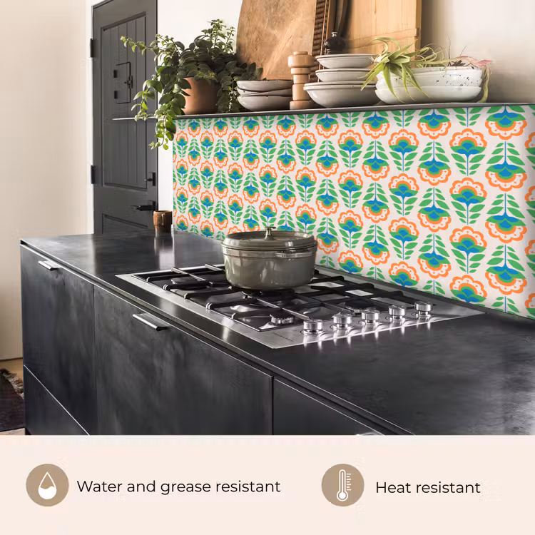 Kitchen splashback - Retro - Flowers - Design - Green - Orange — 5