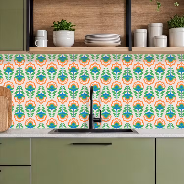 Kitchen splashback - Retro - Flowers - Design - Green - Orange — 8