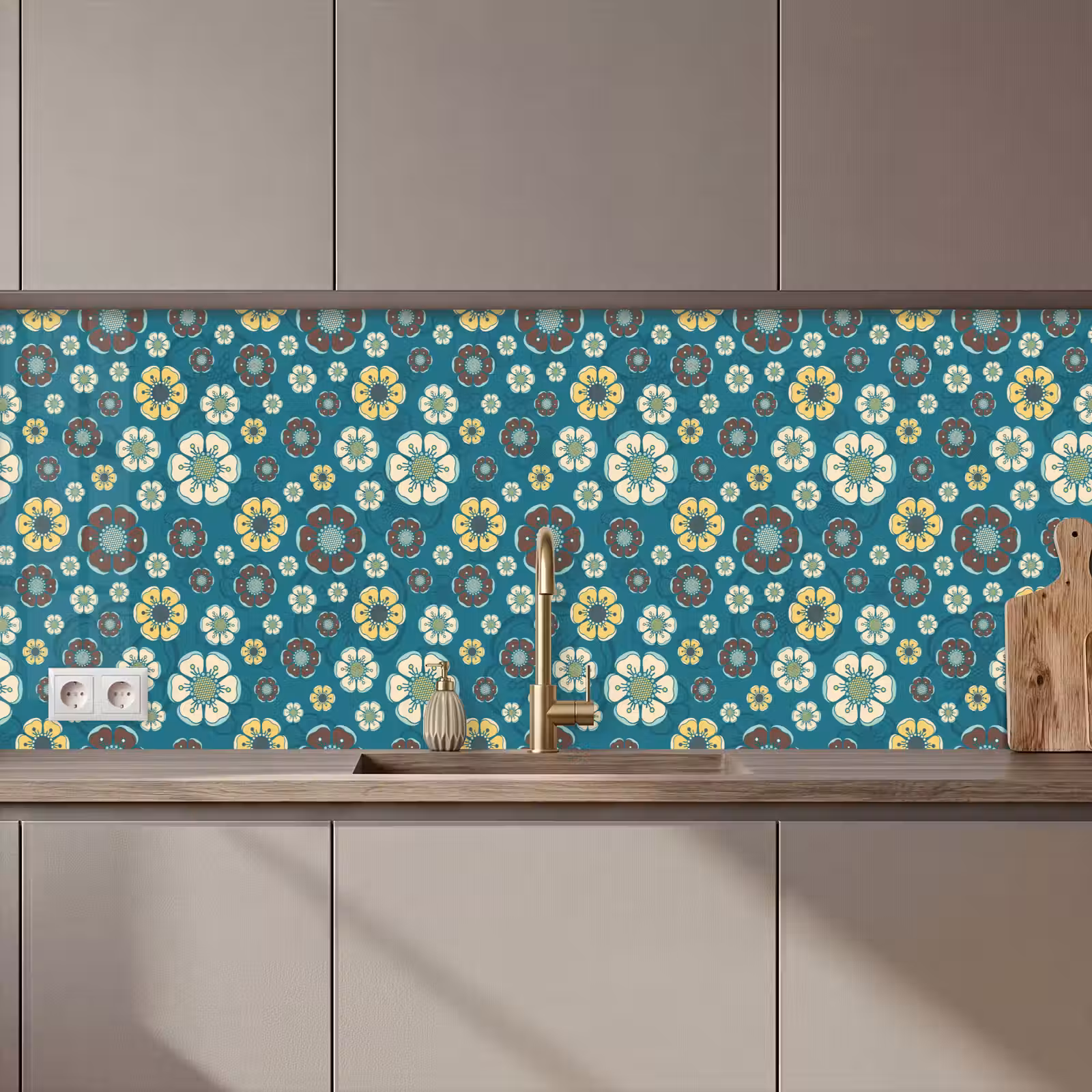 Kitchen splashback - Retro - Flowers - Patterns - Blue — 1