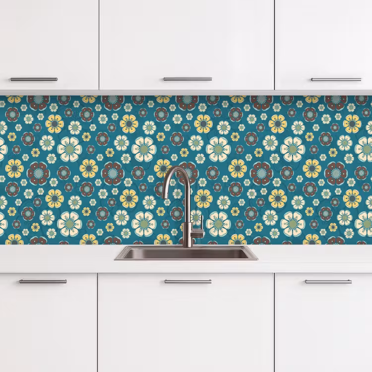 Kitchen splashback - Retro - Flowers - Patterns - Blue — 4