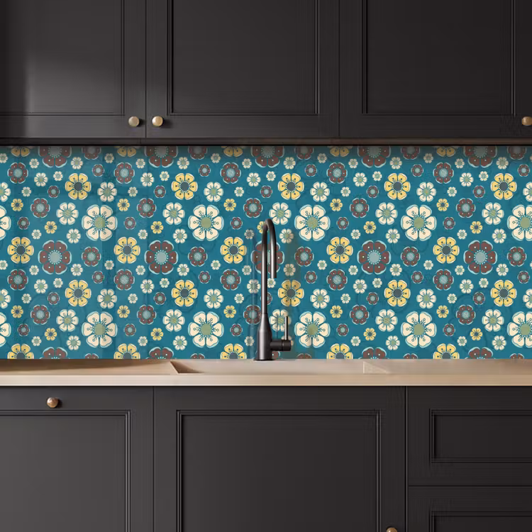 Kitchen splashback - Retro - Flowers - Patterns - Blue — 6