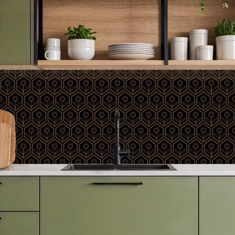 Kitchen splashback - Hexagon - Black - Gold - Flower — 8