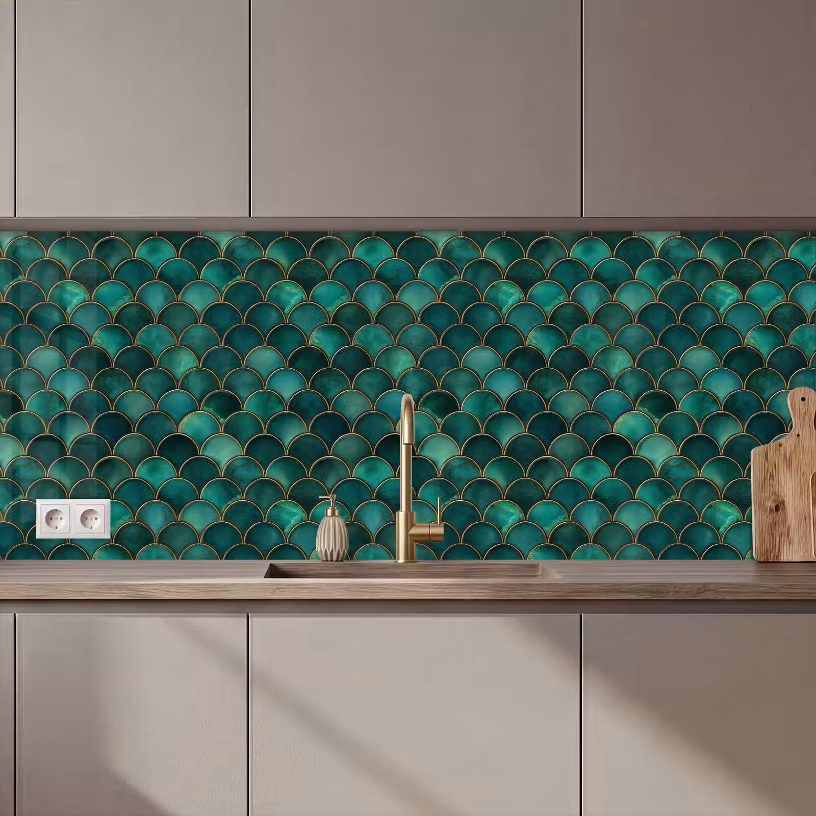 Kitchen splashback - Scales - Texture - Deep green - Gold — 1