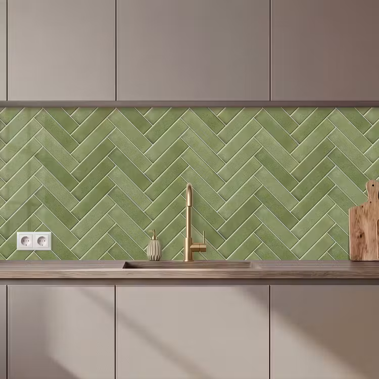 Kitchen splashback - Herringbone texture - Tiles - Olive green — 1