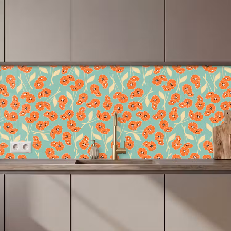 Kitchen splashback - Retro - Flowers - Design - Orange — 1