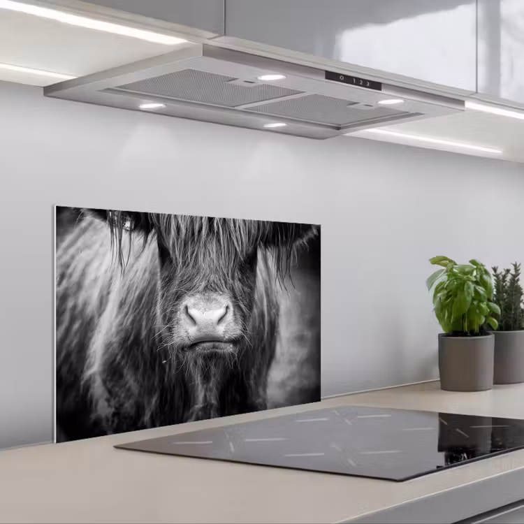 Kitchen splashback for hob - Scottish Highlander - Cow - Black - White - Animals — 1