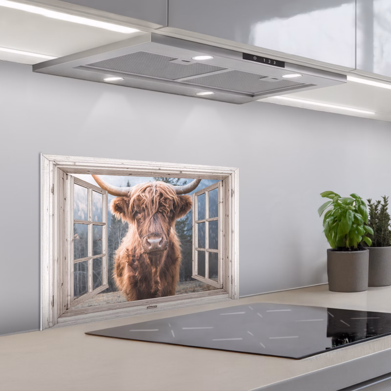 Kitchen splashback for hob - Scottish highlander - Cow - Mountain - Vista — 1
