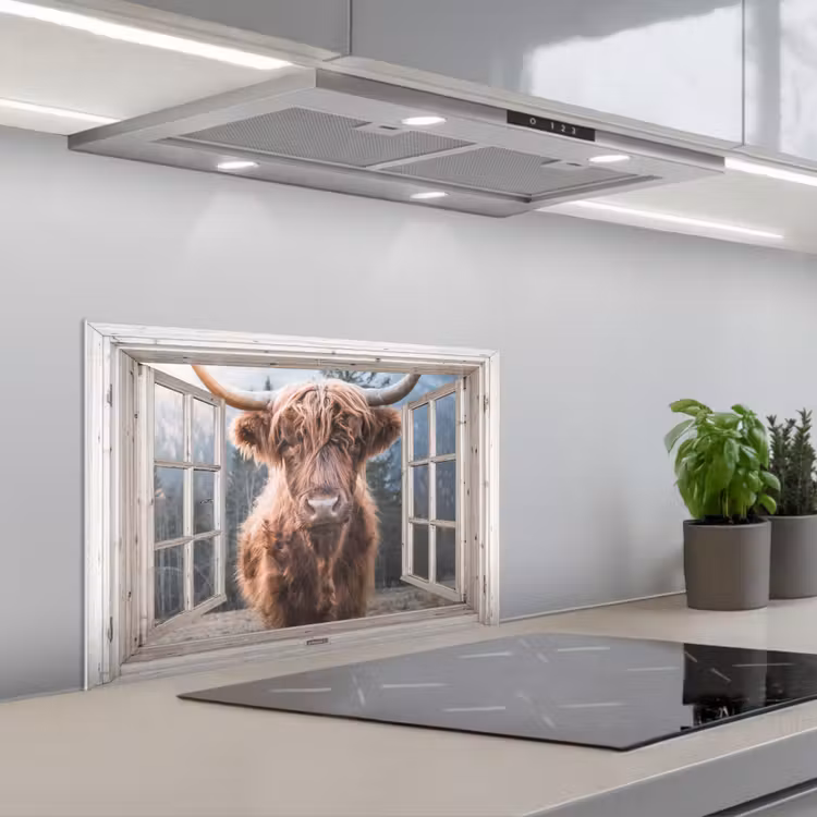 Kitchen splashback for hob - Scottish highlander - Cow - Mountain - Vista — 1