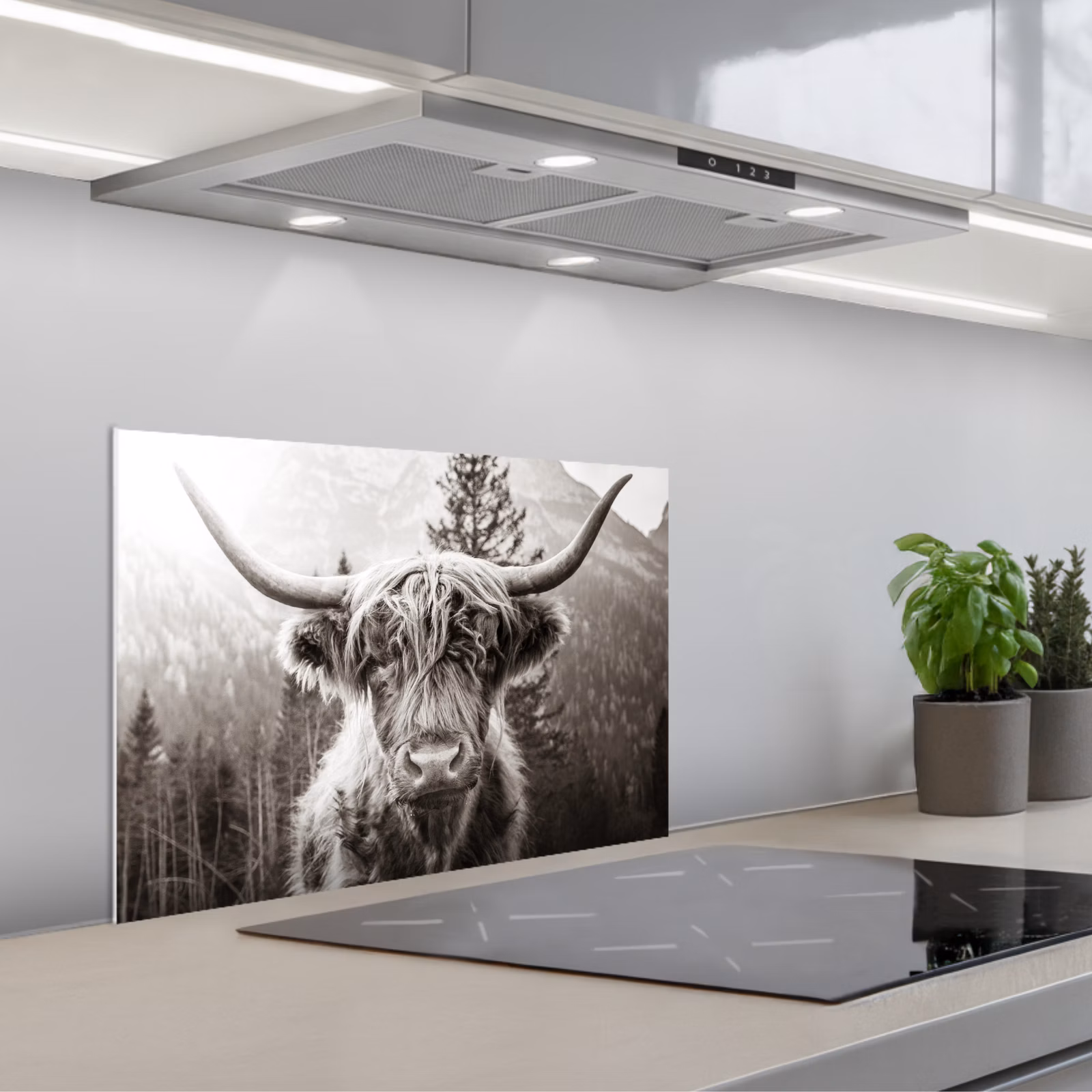 Kitchen splashback for hob - Scottish Highlander - Cow - Animals - Black - White — 1