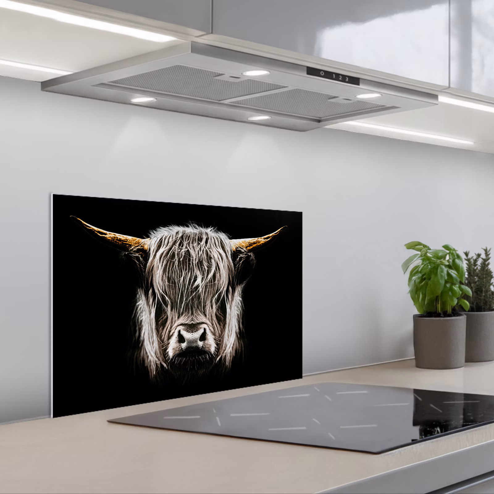 Kitchen splashback for hob - Scottish Highlander - Gold - Horns - Black and white - Cow - Animals — 1