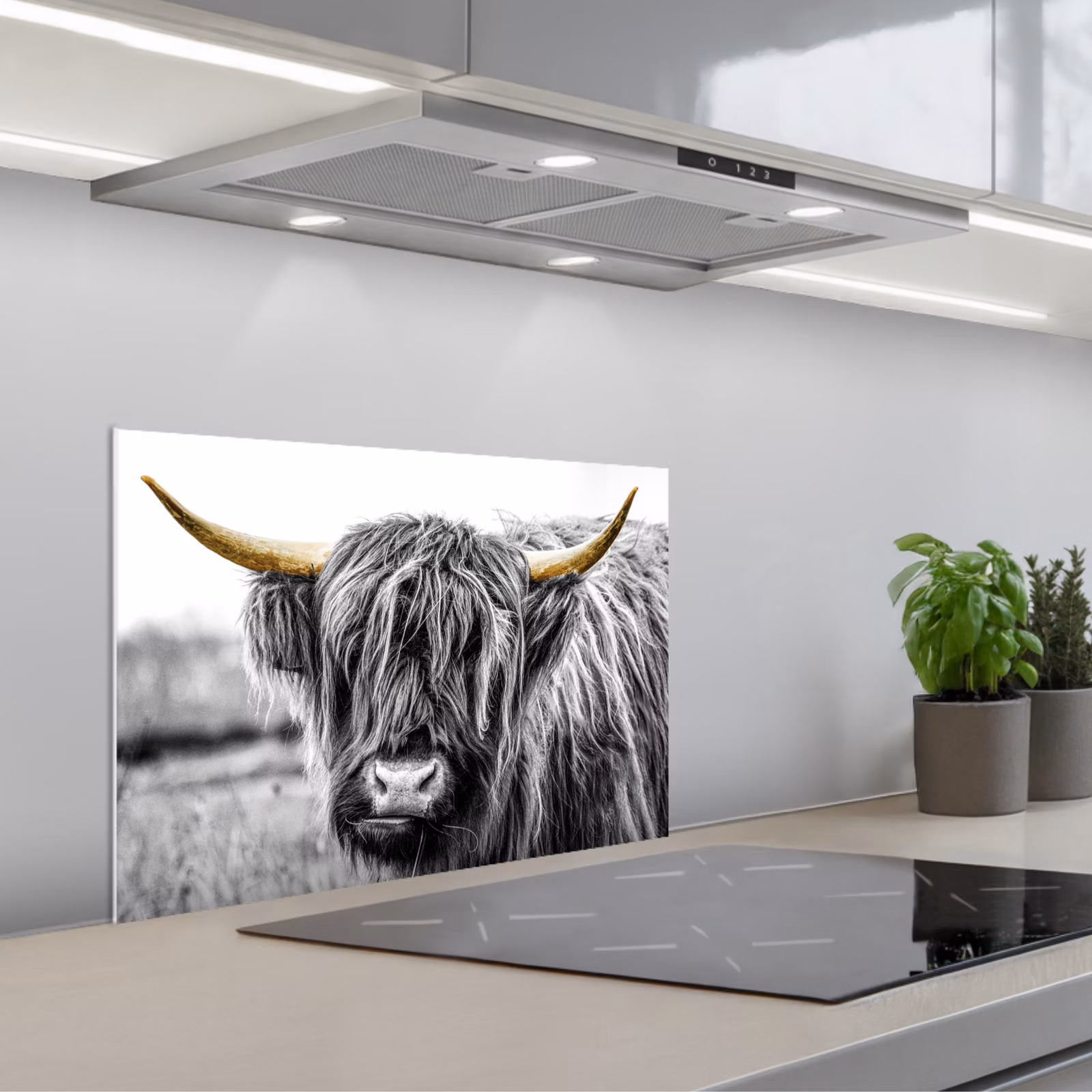 Kitchen splashback for hob - Scottish Highlander - Horns - Gold - Black — 1