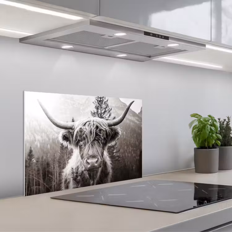 Kitchen splashback for hob - Scottish Highlander - Cow - Animals - Black - White — 1