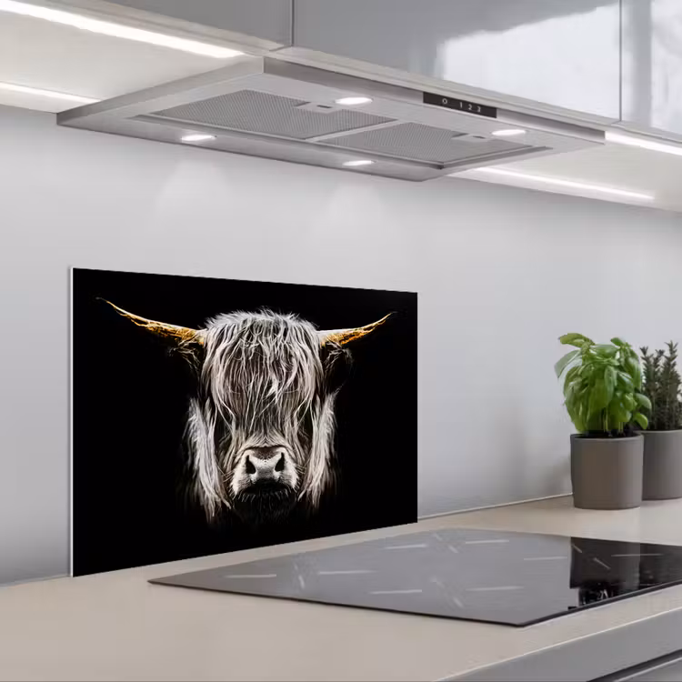 Kitchen splashback for hob - Scottish Highlander - Gold - Horns - Black and white - Cow - Animals — 1