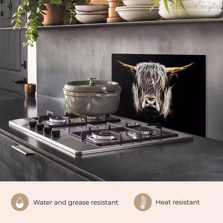 Kitchen splashback for hob - Scottish Highlander - Gold - Horns - Black and white - Cow - Animals — 2